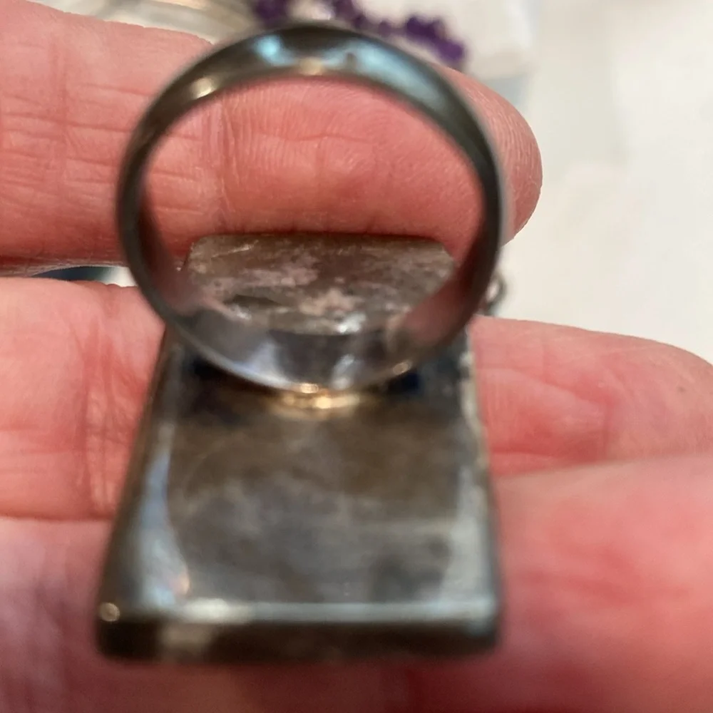 Sterling Backgammon Ring  2” Long Abalone and Sterling Ring